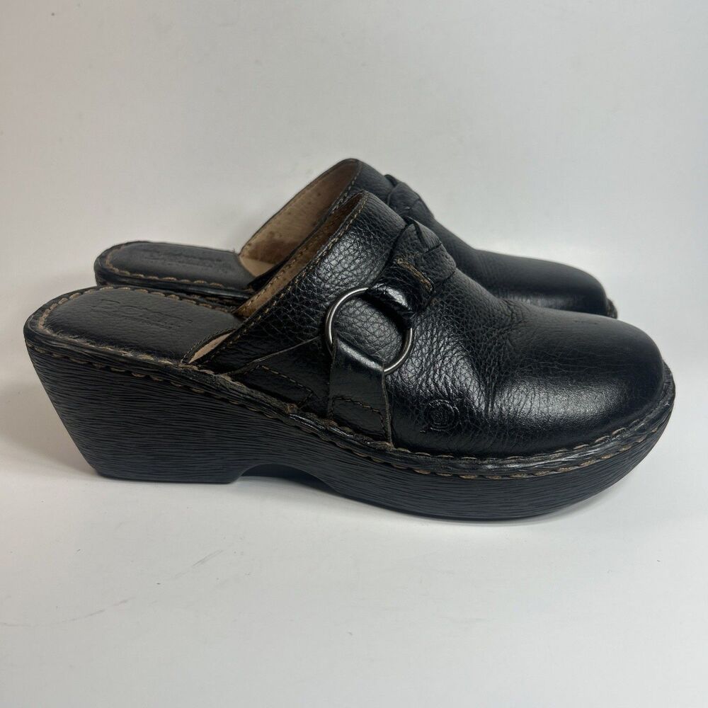 Born Womens Slip On Shoes Clog Wedges Size 8 Black Leather